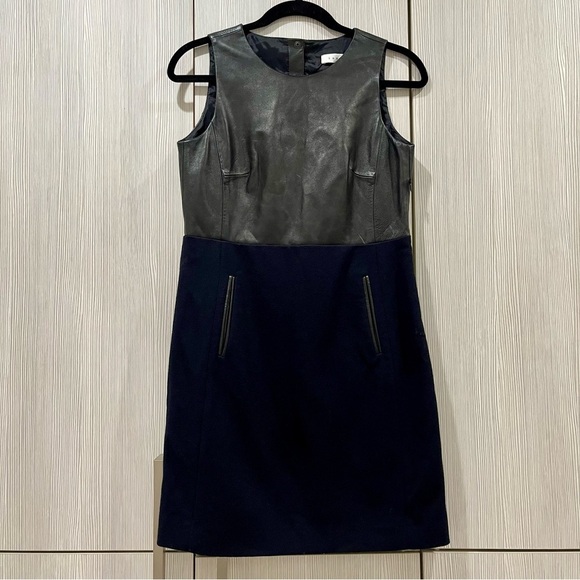 SANDRO | Sleeveless Leather Sheath Midi Dress | Two Tone Black/Navy | Small - Picture 1 of 16